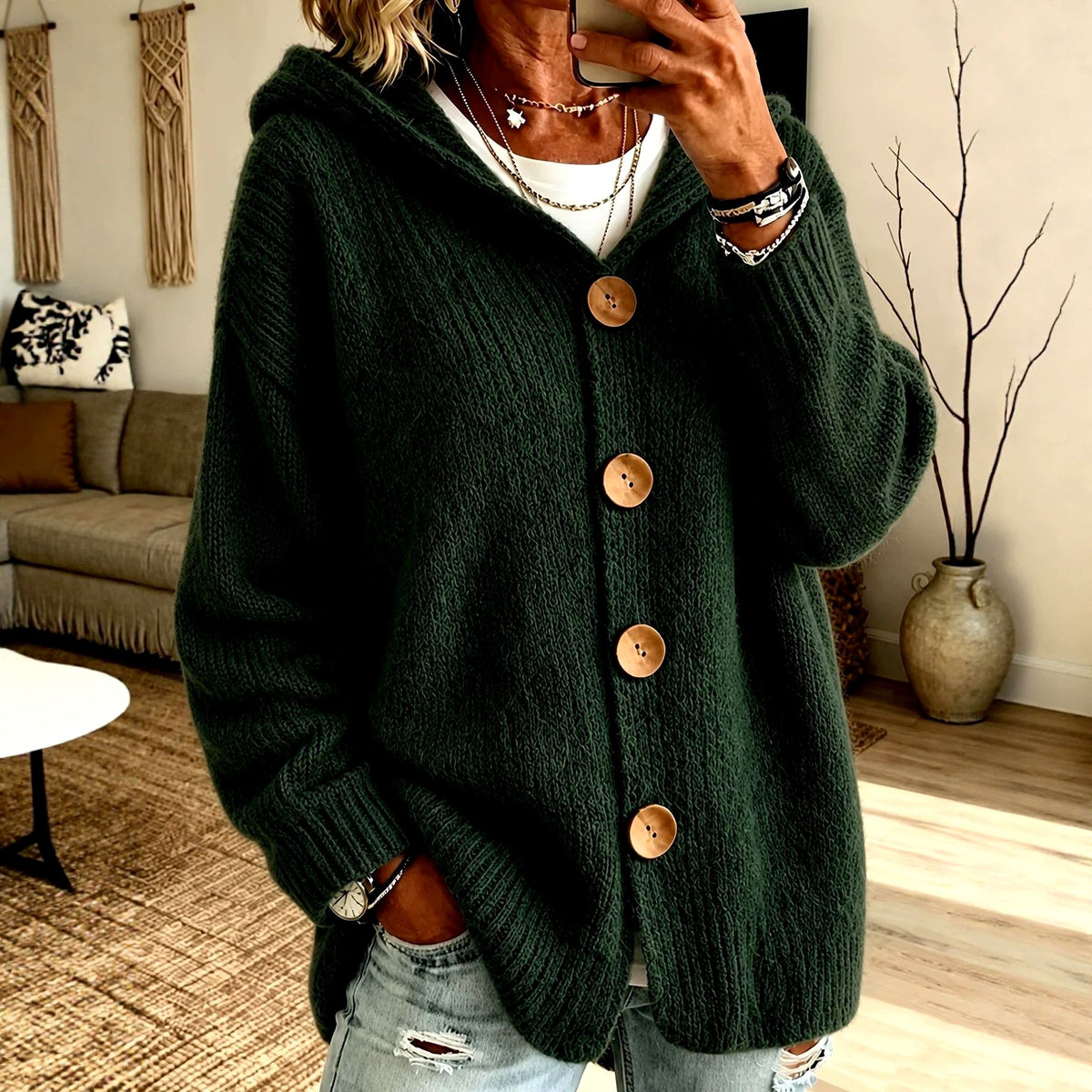 Valerie - Women's Chunky Oversized Button-Front Hooded Cardigan 5