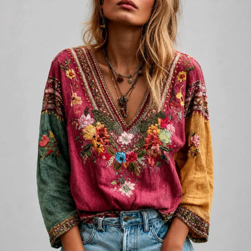 Vivian - Women's Floral Embroidered V-Neck Blouse