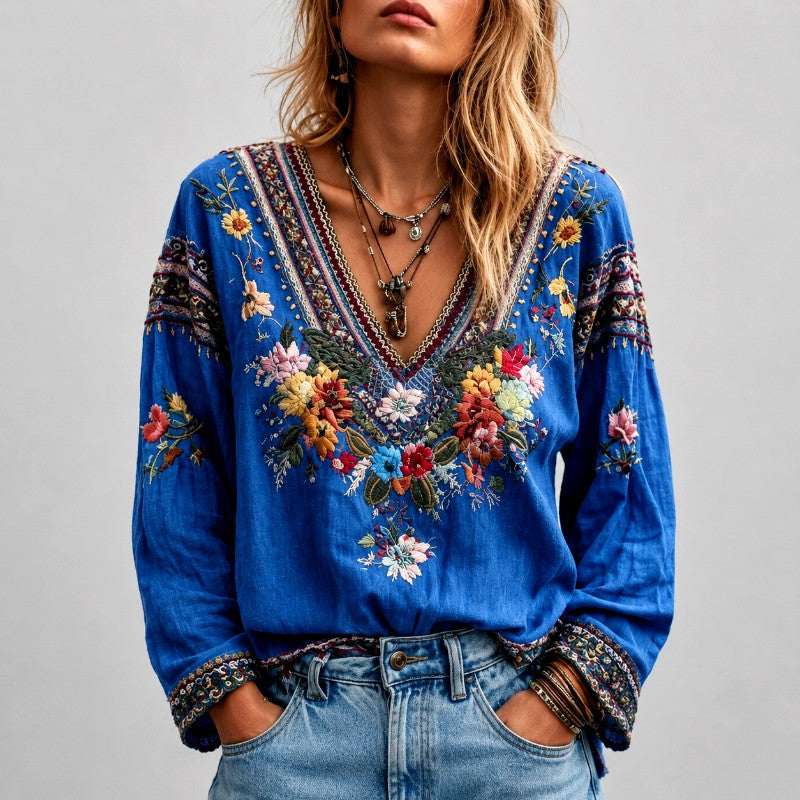 Vivian - Women's Floral Embroidered V-Neck Blouse