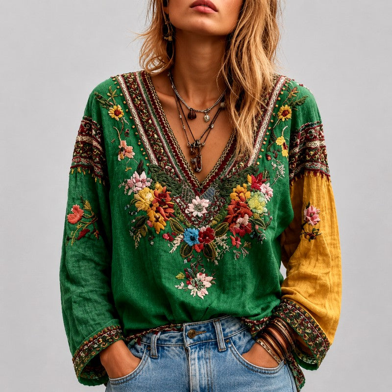 Vivian - Women's Floral Embroidered V-Neck Blouse