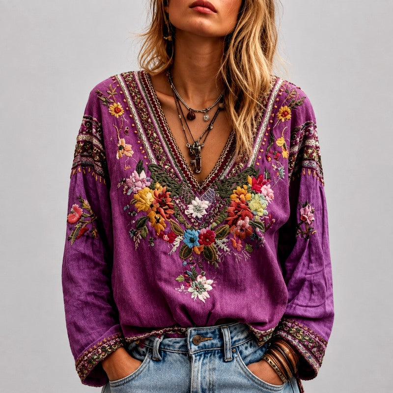 Vivian - Women's Floral Embroidered V-Neck Blouse
