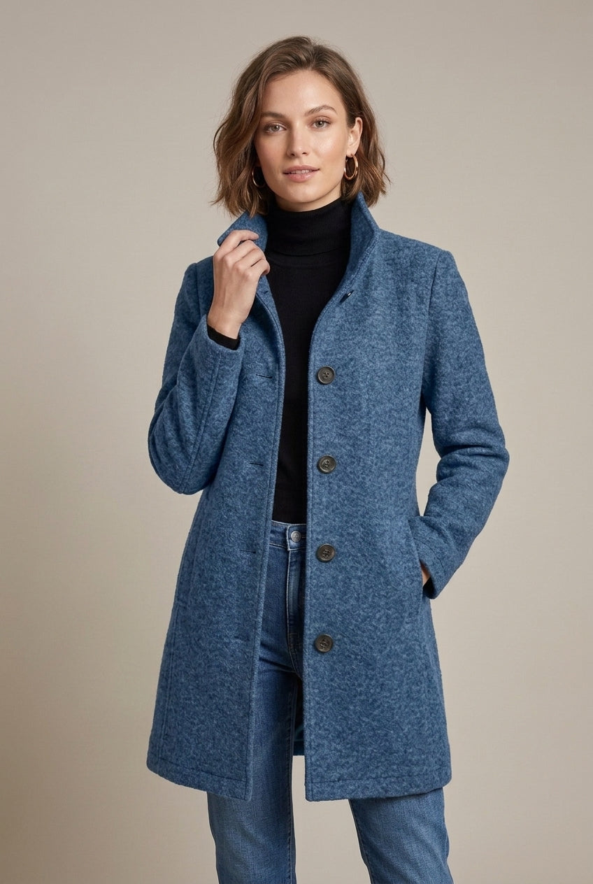Zaylee - Women's Notch Collar Button-Front Wool Blend Coat