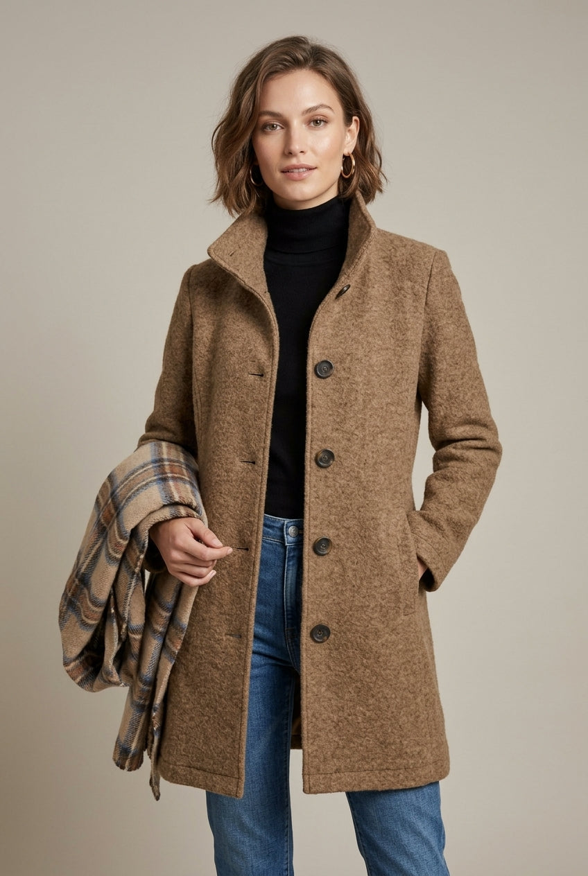 Zaylee - Women's Notch Collar Button-Front Wool Blend Coat
