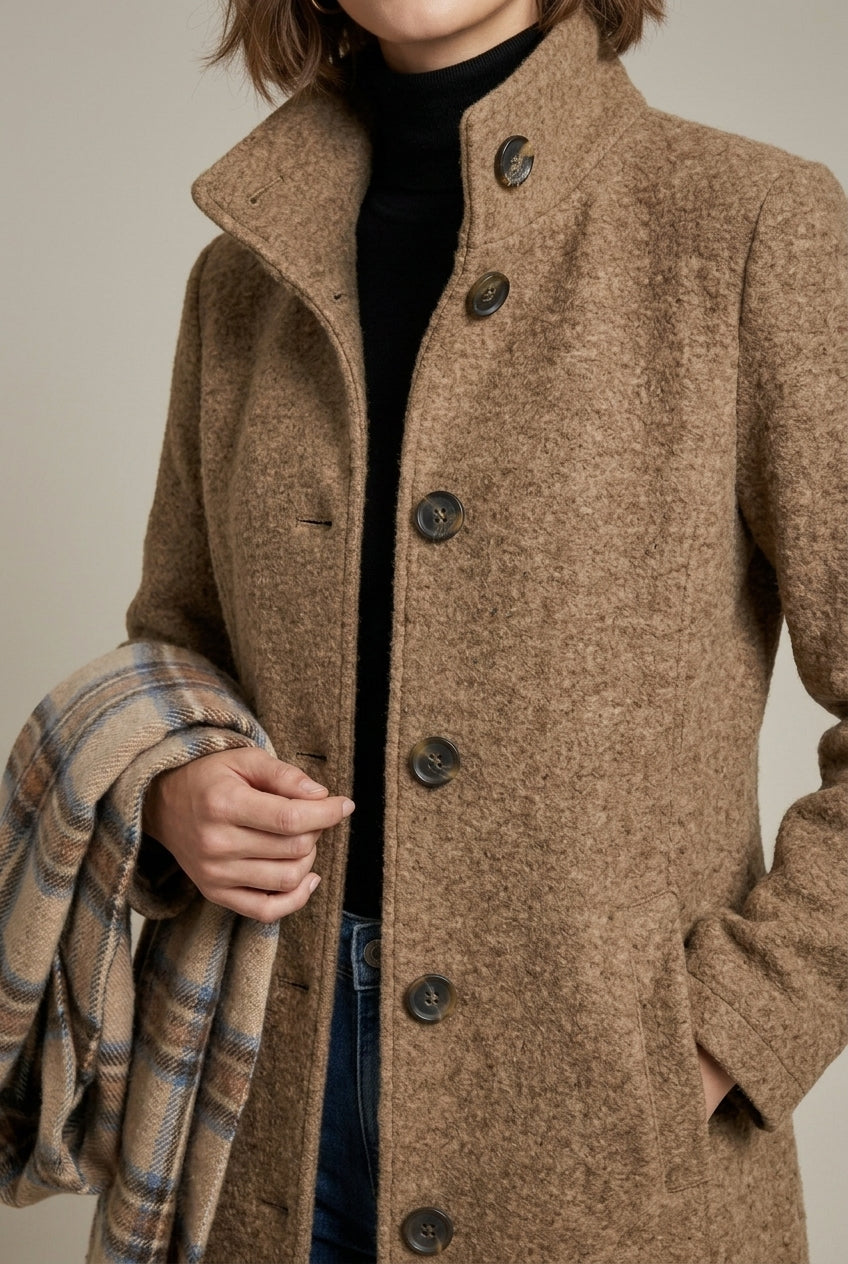 Zaylee - Women's Notch Collar Button-Front Wool Blend Coat